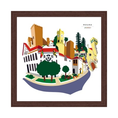 Ilustração colorida de edifícios e paisagem urbana de Moura, em quadro com moldura castanho escuro