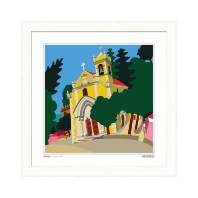 Quadro com ilustração colorida de igreja amarela com árvores verdes e céu azul