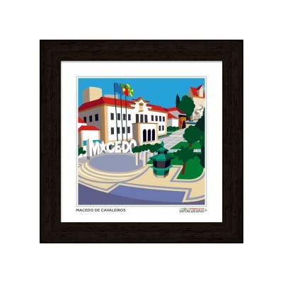 Ilustração urbana estilizada de Macedo de Cavaleiros emoldurada.