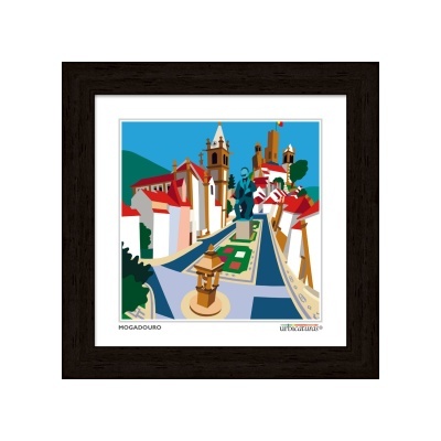 Ilustração colorida de praça com estátua e edifícios em Mogadouro