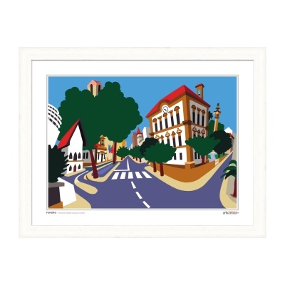 Ilustração colorida de rua com edifícios, árvores e céu azul em moldura branca