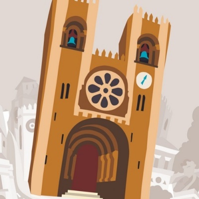 Ilustração de igreja antiga laranja com torres e sinos