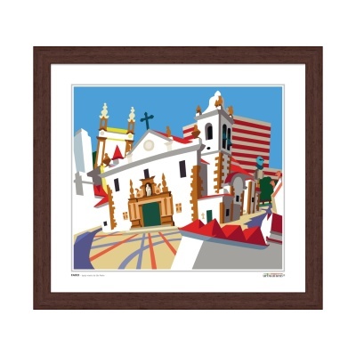 Quadro emoldurado com ilustração estilizada de igreja e edifícios coloridos