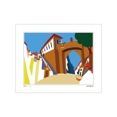 Ilustração digital colorida de rua com arco e edifícios geométricos