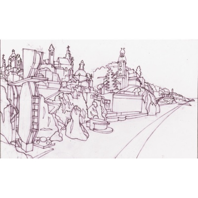 Desenho a tinta preta panorâmico com edifícios, estrada e rochas