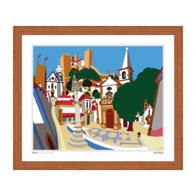 Ilustração colorida de arquitetura tradicional com igrejas e castelos em moldura de madeira