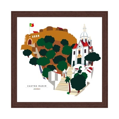 Ilustração de Castro Marim com castelo, igreja, árvores e texto, emoldurada