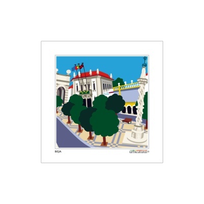 Ilustração digital de praça urbana com árvores e edifícios em Beja