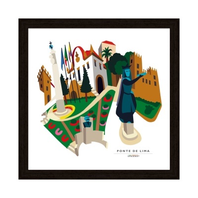 Ilustração colorida de pontos turísticos de Ponte de Lima emoldurada