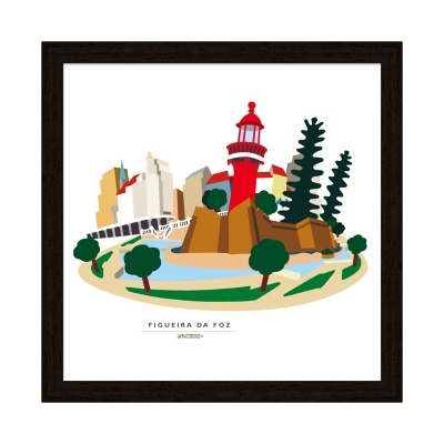 Ilustração gráfica colorida do farol da Figueira da Foz com árvores e edifícios