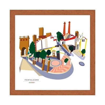 Ilustração de pontos turísticos de Portalegre em moldura de madeira