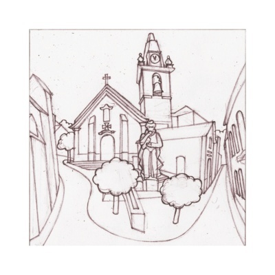 Desenho a lápis de praça com igreja, estátua e árvores