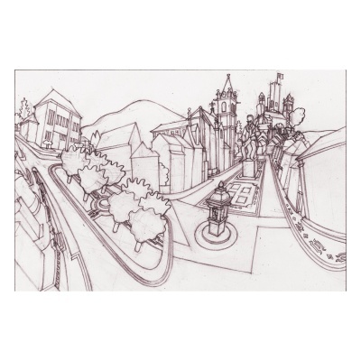 Desenho a preto e branco de paisagem urbana com igreja, estátua, árvores e postes de iluminação