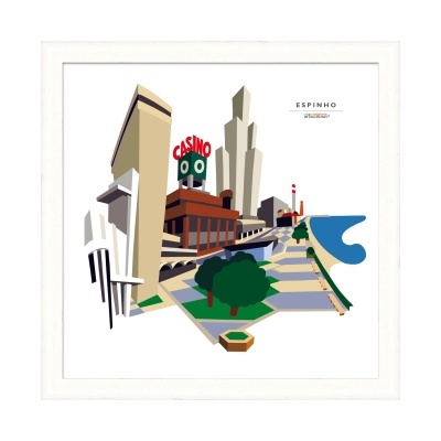 Ilustração estilizada do casino e parque em Espinho junto ao mar