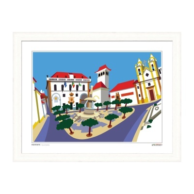 Ilustração colorida de praça histórica com fonte, árvores e edifícios com telhados vermelhos