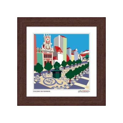 Quadro com imagem gráfica colorida da rua de Caldas da Rainha em moldura de madeira