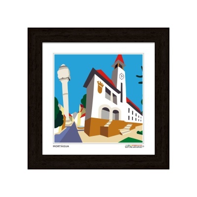 Ilustração gráfica de edifício com torre e relógio num quadro com moldura preta