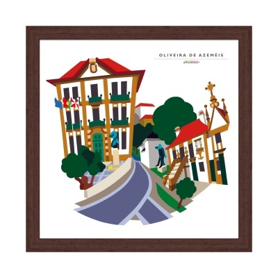 Ilustração de edifícios com telhados vermelhos e árvores verdes em moldura castanha