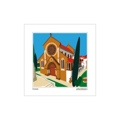 Ilustração artística de igreja em Tomar com fachada castanha e céu azul