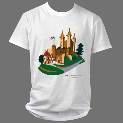 T-shirt branca com ilustração colorida de castelo e texto SANTA MARIA DA FEIRA