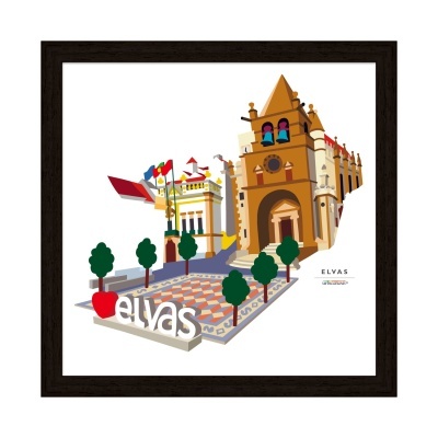 Ilustração emoldurada do cenário com igreja, edifício, calçada e letras ELVAS.