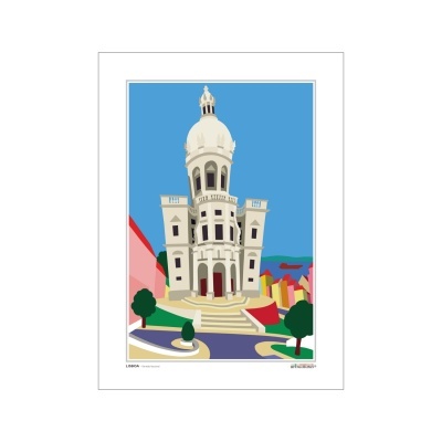 Ilustração gráfica de edifício histórico com torre alta em fundo azul