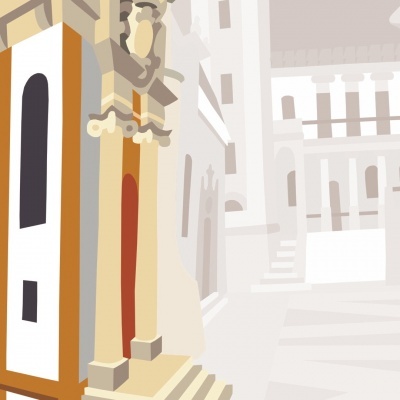 fachada arquitetónica com colunas e escadaria