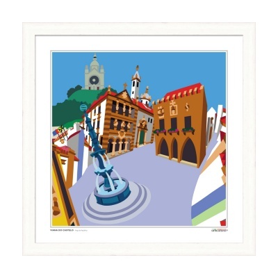 Ilustração gráfica colorida de praça com fonte azul e edifícios coloridos em fundo de céu azul