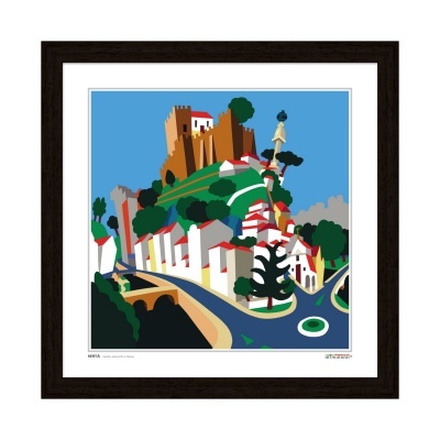 Quadro com ilustração colorida de paisagem urbana com castelo e casas