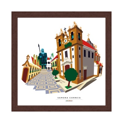 Ilustração digital colorida de arquitetura e estátua histórica com moldura castanha