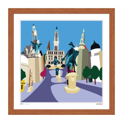 Ilustração gráfica de estátuas e edifícios históricos em moldura de madeira