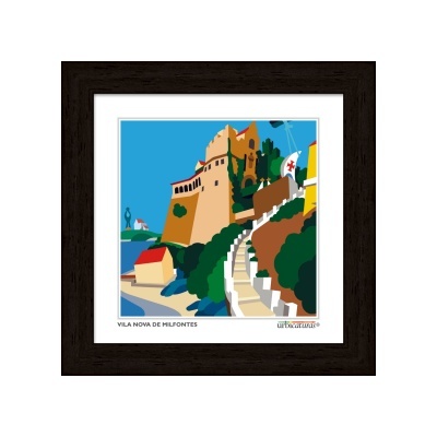 Quadro estilizado de Vila Nova de Milfontes com castelo, escadas e árvores
