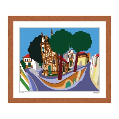Quadro colorido com paisagem urbana estilizada em moldura de madeira