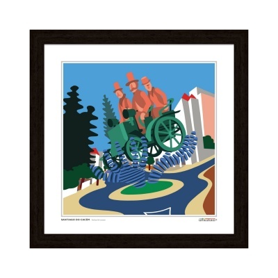 Quadro decorativo com ilustração de três homens em automóvel verde e escultura azul