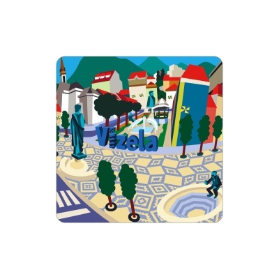 Ilustração colorida de praça urbana com estátuas, árvores, fontes, edifícios e texto Vizela em destaque.