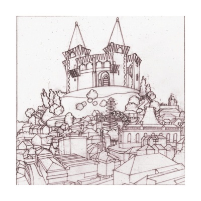 Desenho a lápis de castelo com torres numa colina e casas em primeiro plano