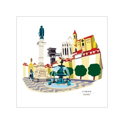 Ilustração colorida da Praça do Rossio em Lisboa com estátua, fontes e edifícios históricos.