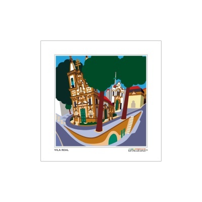 Ilustração digital de edifícios históricos em Vila Real com árvores e caminho curvo