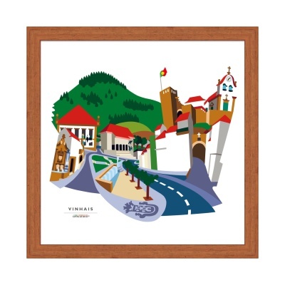 Ilustração colorida da vila de Vinhais em moldura de madeira