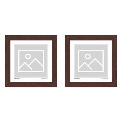 Conjunto de duas molduras quadradas em madeira castanha com imagens de exemplo