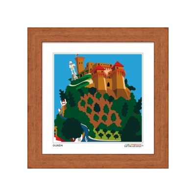 Quadro com imagem colorida de castelo, árvores e estátua sobre colina