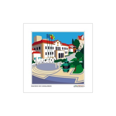 Ilustração de praça em Macedo de Cavaleiros com edifício e bandeiras