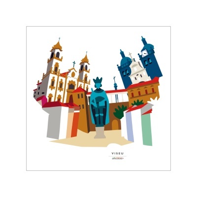 Ilustração de monumentos históricos de Viseu em cores vibrantes
