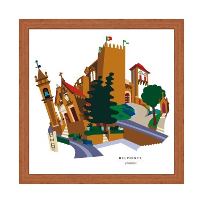 Quadro ilustrativo colorido de conjunto arquitetónico histórico com torres e árvores, texto BELMONTE