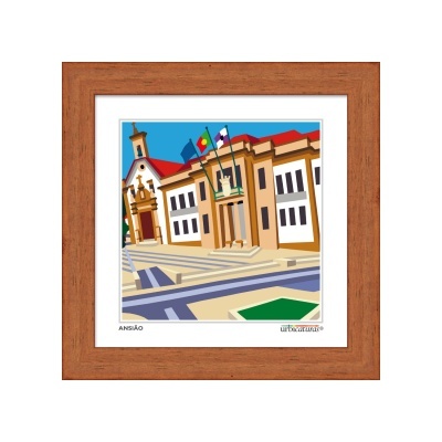 Quadro com imagem digital de edifício tradicional e bandeiras em moldura castanha