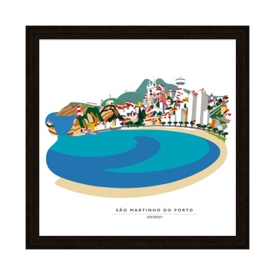 Ilustração colorida da baía de São Martinho do Porto com edifícios e vegetação, emoldurada em preto