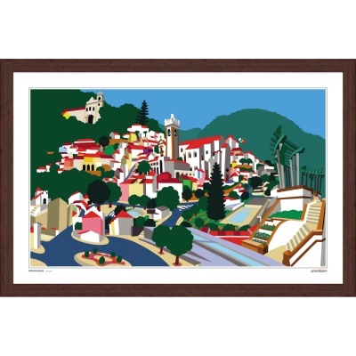 Quadro ilustrado de vila com casas brancas e telhados vermelhos, árvores e montanhas