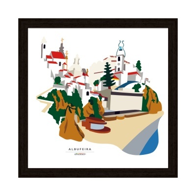 Gravura colorida de Albufeira com casas, árvores, rochas e costa em moldura preta