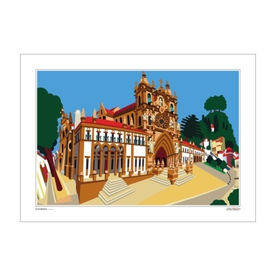 Ilustração de edifício histórico com porta arqueada e rosácea, rodeado por construções e árvores