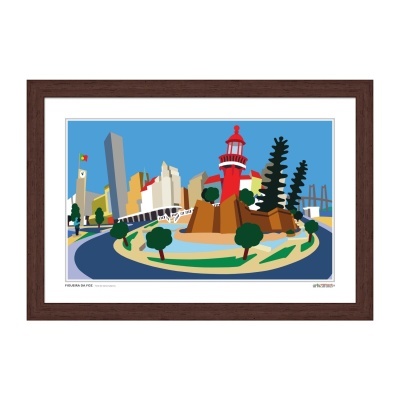 Quadro ilustrativo da Foz do Douro com farol vermelho e edifícios, em moldura de madeira.